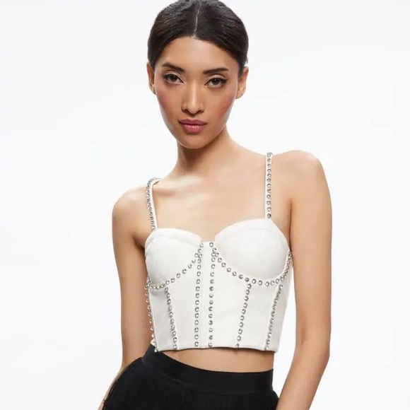 Alice + Olivia Jeanna White Studded Rhinestone Corset Top
